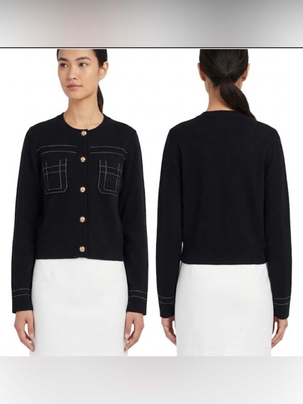 Ellen Tracy Contrast Stitch Knit Cardigan Sweater Jacket Black & White NWT SizeM